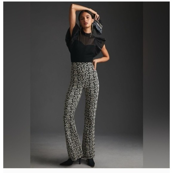 Anthropologie Pants - Anthropologie Damask Print Pants High-Rise Flare Stretch Medium Black White